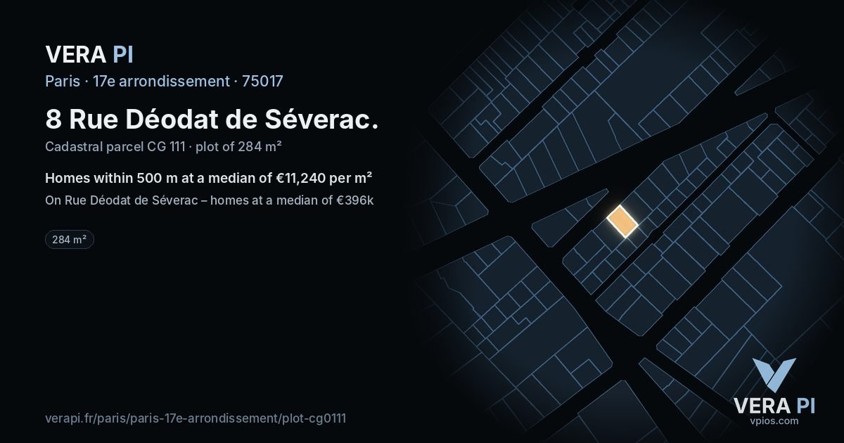 8 Rue Déodat de Séverac, 17e arrondissement at night – the plot lit, the parcels around coloured by the prices near them