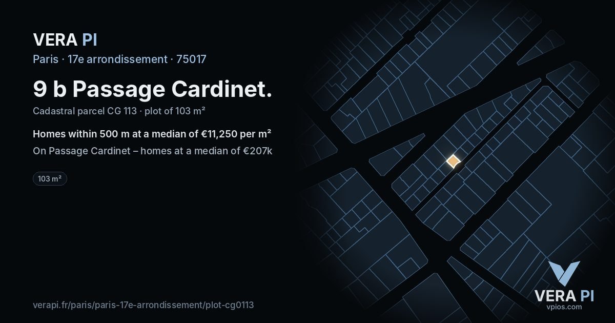 9 b Passage Cardinet, 17e arrondissement at night – the plot lit, the parcels around coloured by the prices near them