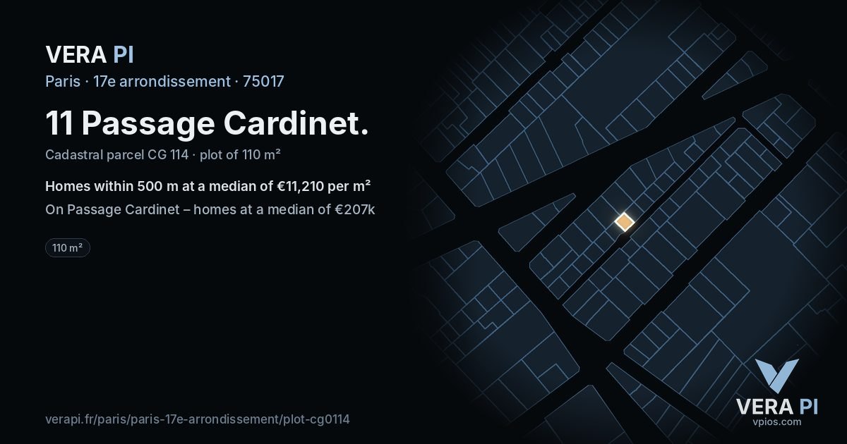 11 Passage Cardinet, 17e arrondissement at night – the plot lit, the parcels around coloured by the prices near them