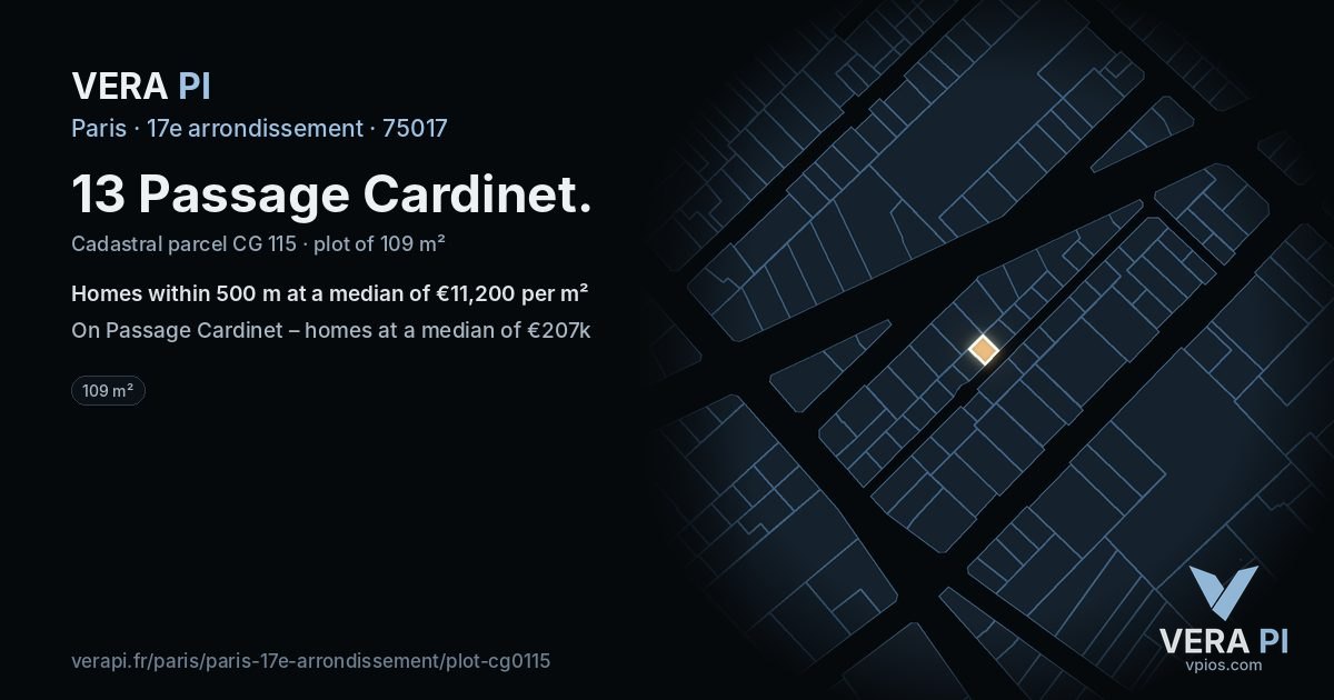 13 Passage Cardinet, 17e arrondissement at night – the plot lit, the parcels around coloured by the prices near them