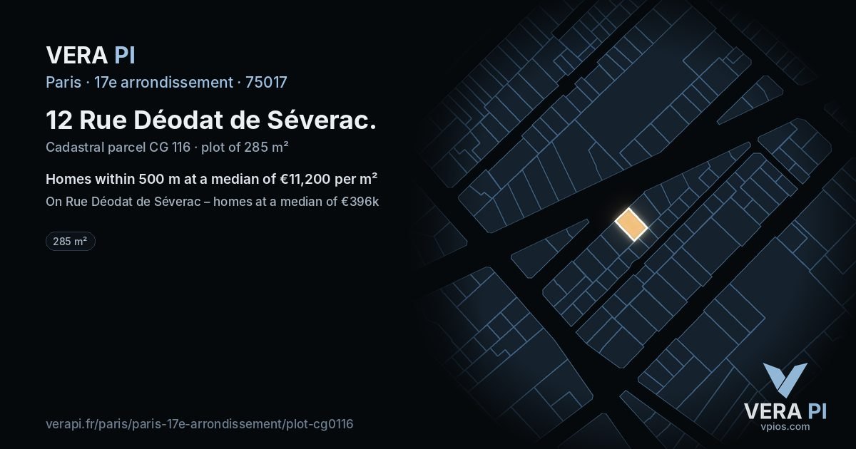 12 Rue Déodat de Séverac, 17e arrondissement at night – the plot lit, the parcels around coloured by the prices near them