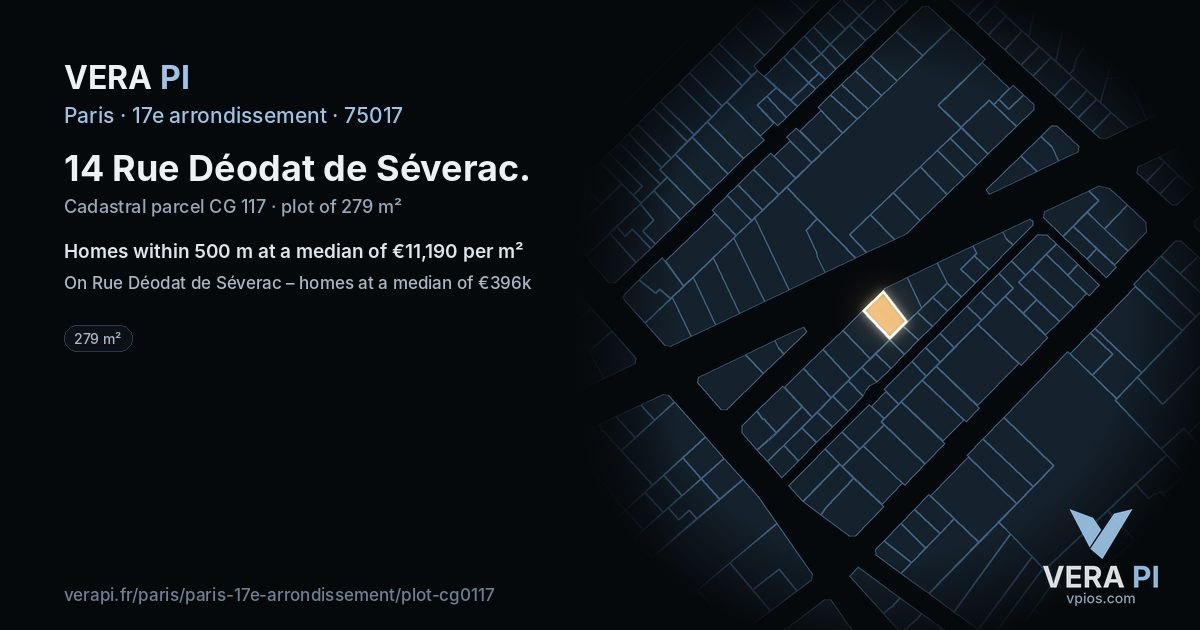 14 Rue Déodat de Séverac, 17e arrondissement at night – the plot lit, the parcels around coloured by the prices near them