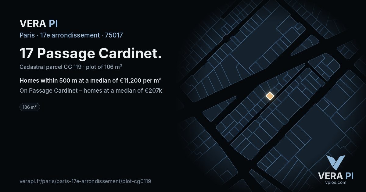 17 Passage Cardinet, 17e arrondissement at night – the plot lit, the parcels around coloured by the prices near them