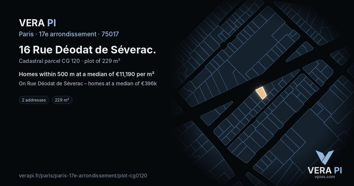 16 Rue Déodat de Séverac, 17e arrondissement at night – the plot lit, the parcels around coloured by the prices near them