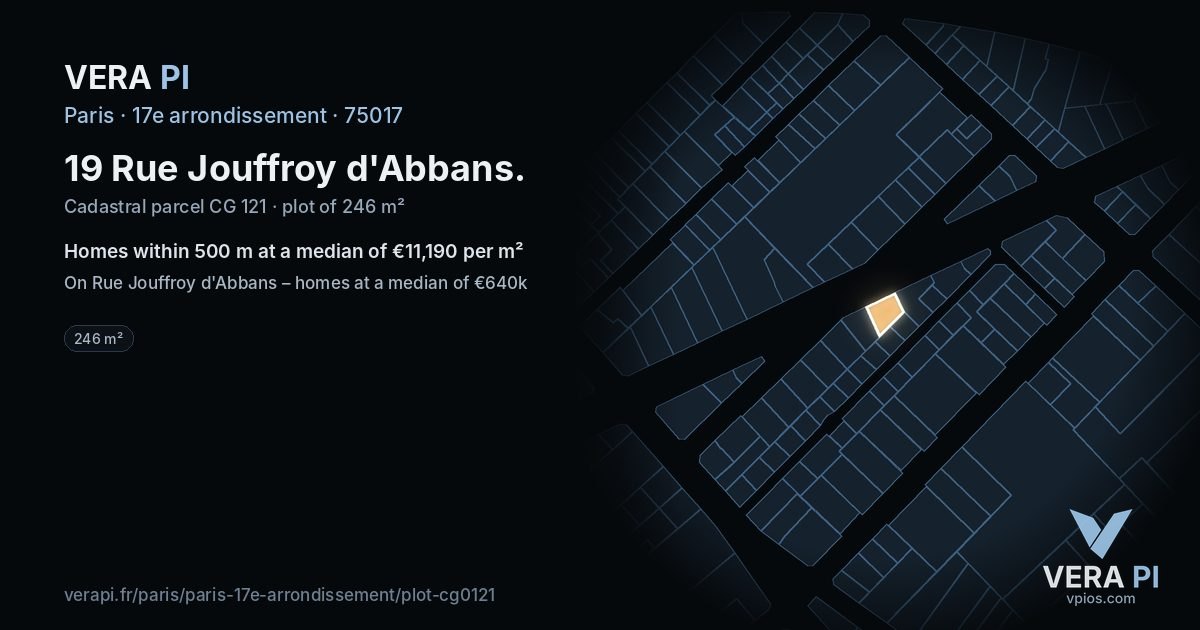 19 Rue Jouffroy d'Abbans, 17e arrondissement at night – the plot lit, the parcels around coloured by the prices near them