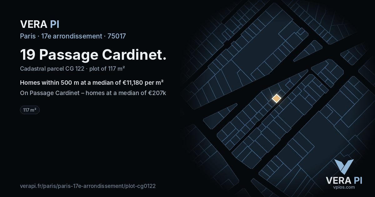 19 Passage Cardinet, 17e arrondissement at night – the plot lit, the parcels around coloured by the prices near them