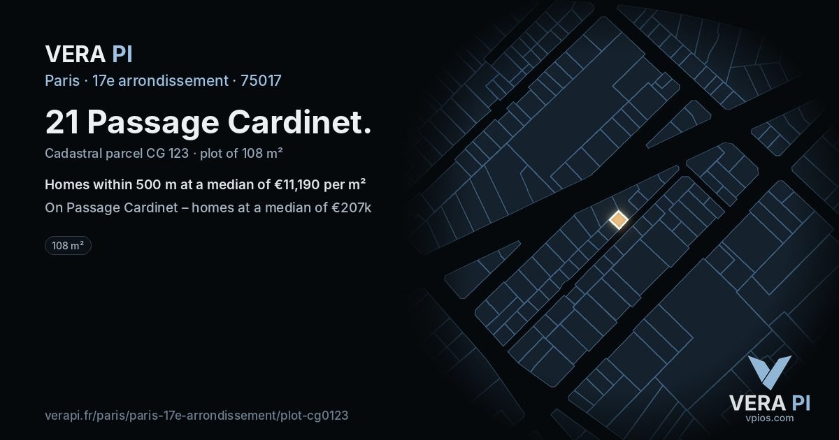 21 Passage Cardinet, 17e arrondissement at night – the plot lit, the parcels around coloured by the prices near them