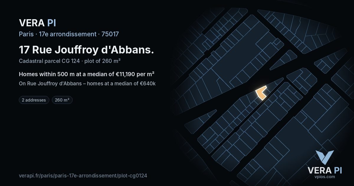 17 Rue Jouffroy d'Abbans, 17e arrondissement at night – the plot lit, the parcels around coloured by the prices near them