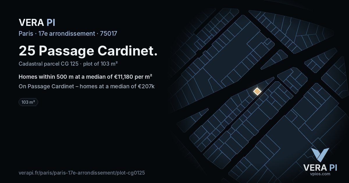 25 Passage Cardinet, 17e arrondissement at night – the plot lit, the parcels around coloured by the prices near them