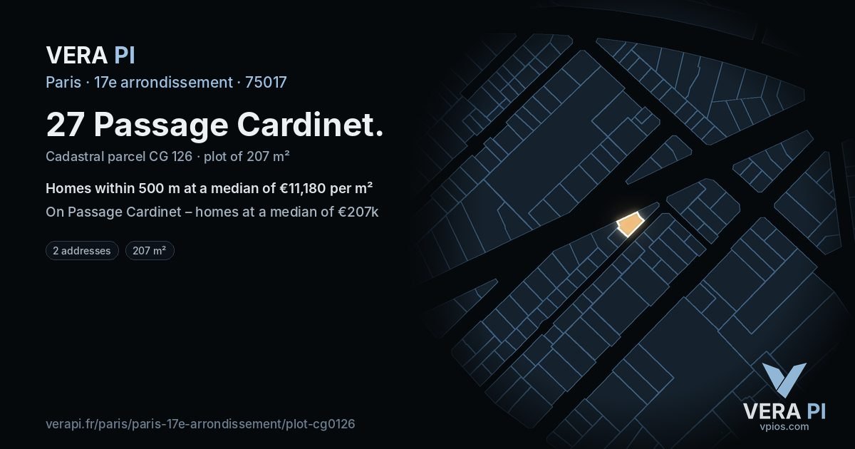 27 Passage Cardinet, 17e arrondissement at night – the plot lit, the parcels around coloured by the prices near them