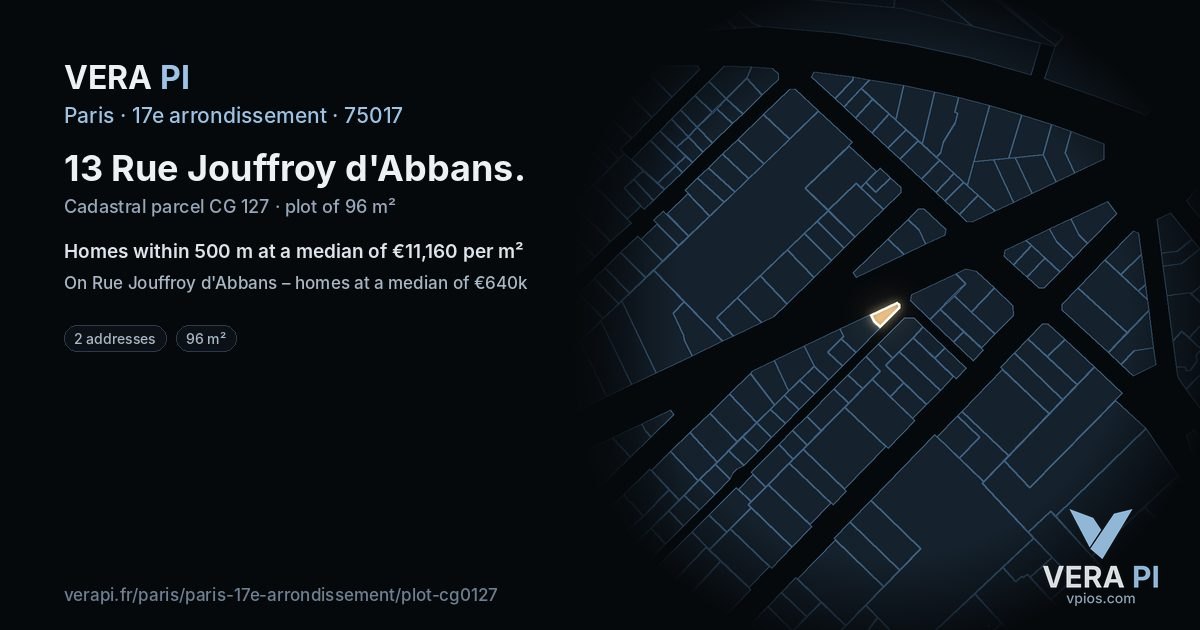13 Rue Jouffroy d'Abbans, 17e arrondissement at night – the plot lit, the parcels around coloured by the prices near them