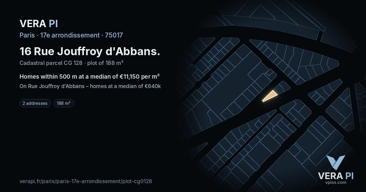16 Rue Jouffroy d'Abbans, 17e arrondissement at night – the plot lit, the parcels around coloured by the prices near them