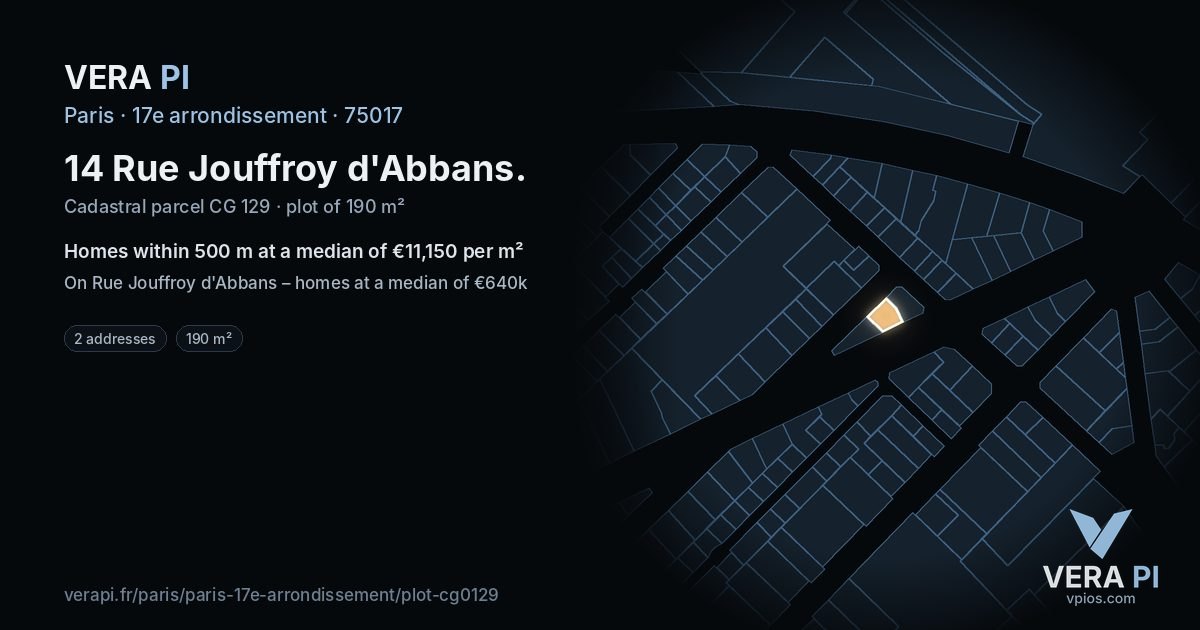 14 Rue Jouffroy d'Abbans, 17e arrondissement at night – the plot lit, the parcels around coloured by the prices near them