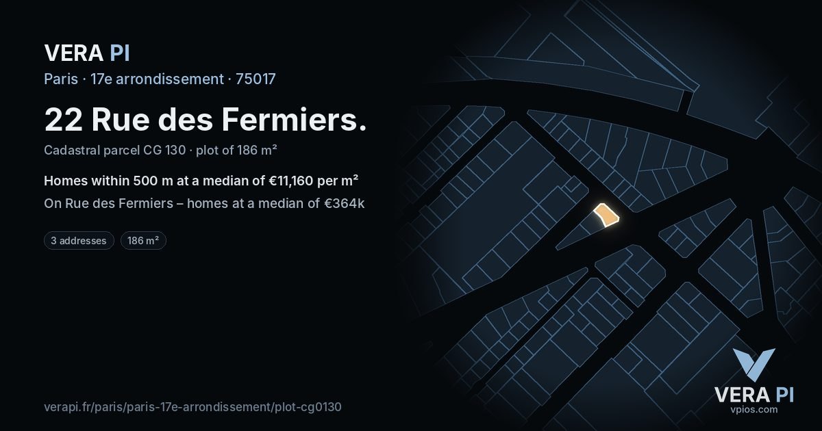 22 Rue des Fermiers, 17e arrondissement at night – the plot lit, the parcels around coloured by the prices near them