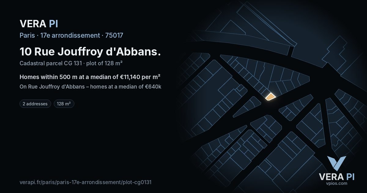 10 Rue Jouffroy d'Abbans, 17e arrondissement at night – the plot lit, the parcels around coloured by the prices near them