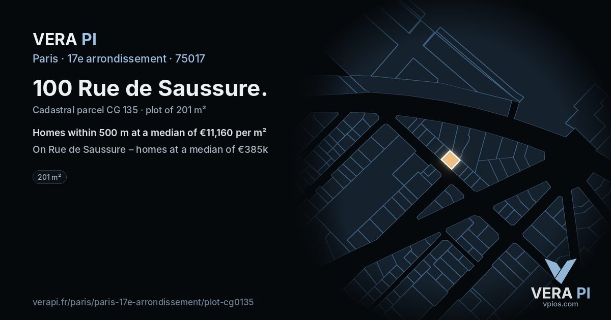 100 Rue de Saussure, 17e arrondissement at night – the plot lit, the parcels around coloured by the prices near them