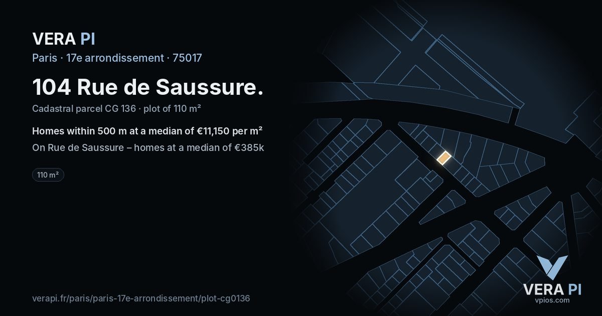 104 Rue de Saussure, 17e arrondissement at night – the plot lit, the parcels around coloured by the prices near them