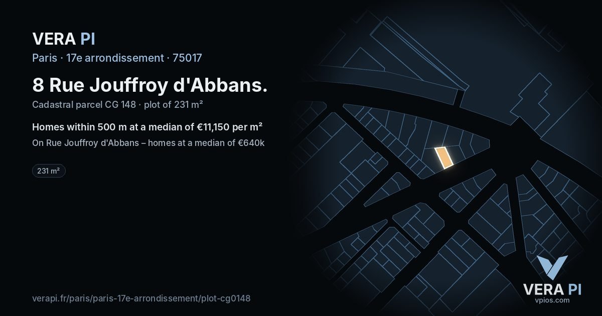 8 Rue Jouffroy d'Abbans, 17e arrondissement at night – the plot lit, the parcels around coloured by the prices near them
