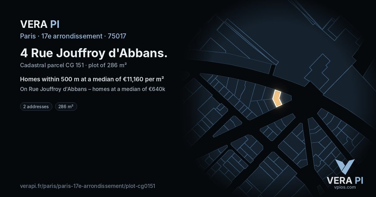 4 Rue Jouffroy d'Abbans, 17e arrondissement at night – the plot lit, the parcels around coloured by the prices near them