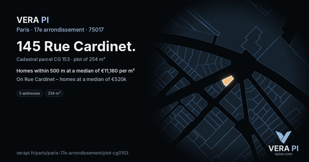 145 Rue Cardinet, 17e arrondissement at night – the plot lit, the parcels around coloured by the prices near them