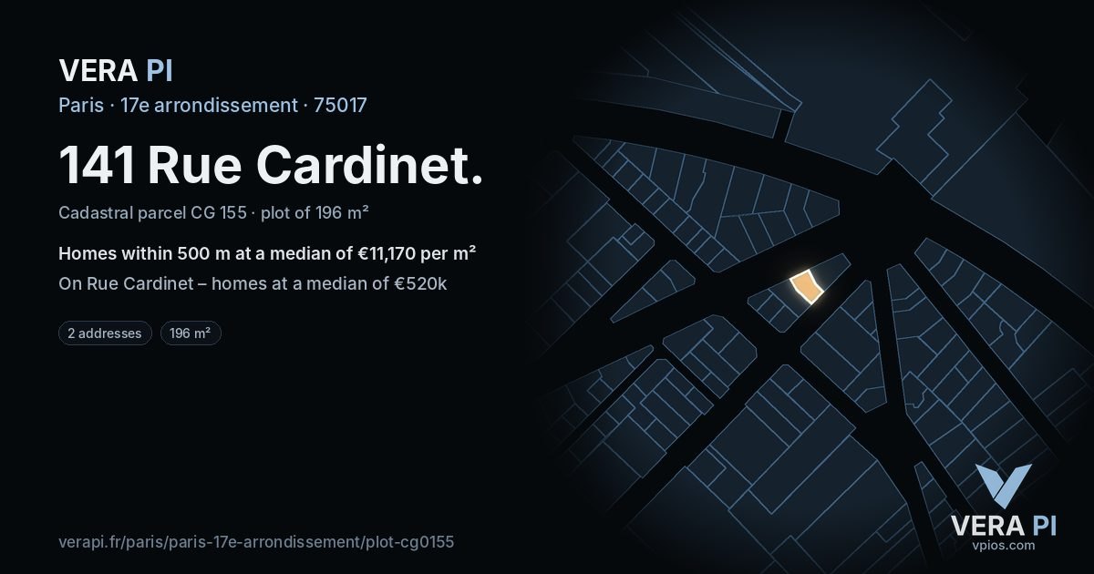 141 Rue Cardinet, 17e arrondissement at night – the plot lit, the parcels around coloured by the prices near them