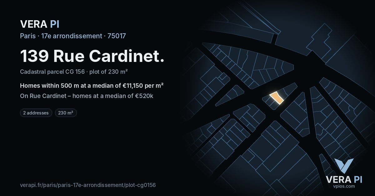 139 Rue Cardinet, 17e arrondissement at night – the plot lit, the parcels around coloured by the prices near them