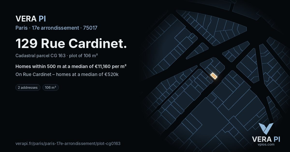 129 Rue Cardinet, 17e arrondissement at night – the plot lit, the parcels around coloured by the prices near them