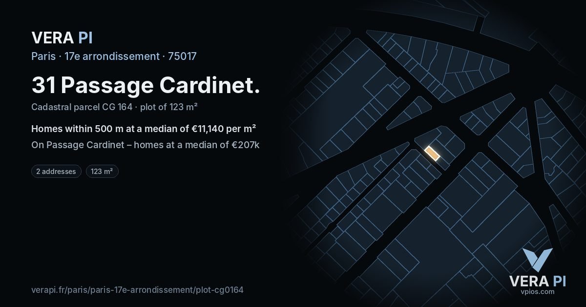 31 Passage Cardinet, 17e arrondissement at night – the plot lit, the parcels around coloured by the prices near them