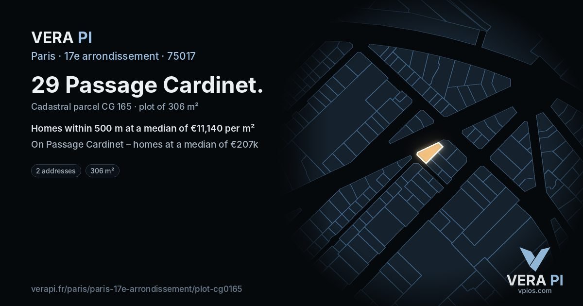 29 Passage Cardinet, 17e arrondissement at night – the plot lit, the parcels around coloured by the prices near them