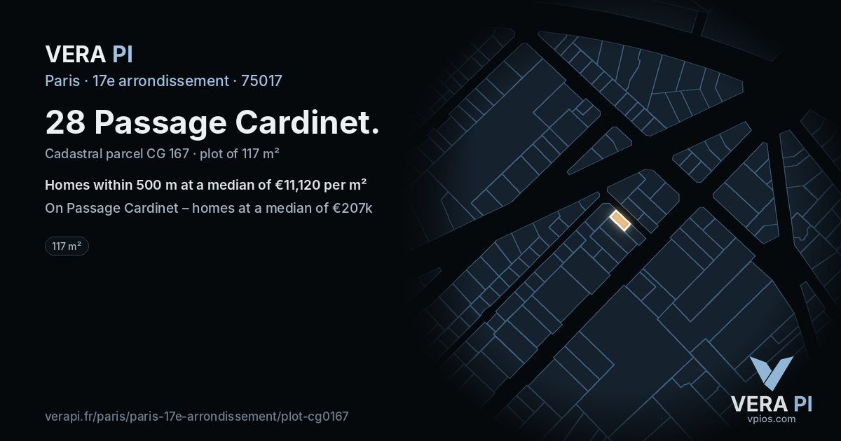28 Passage Cardinet, 17e arrondissement at night – the plot lit, the parcels around coloured by the prices near them