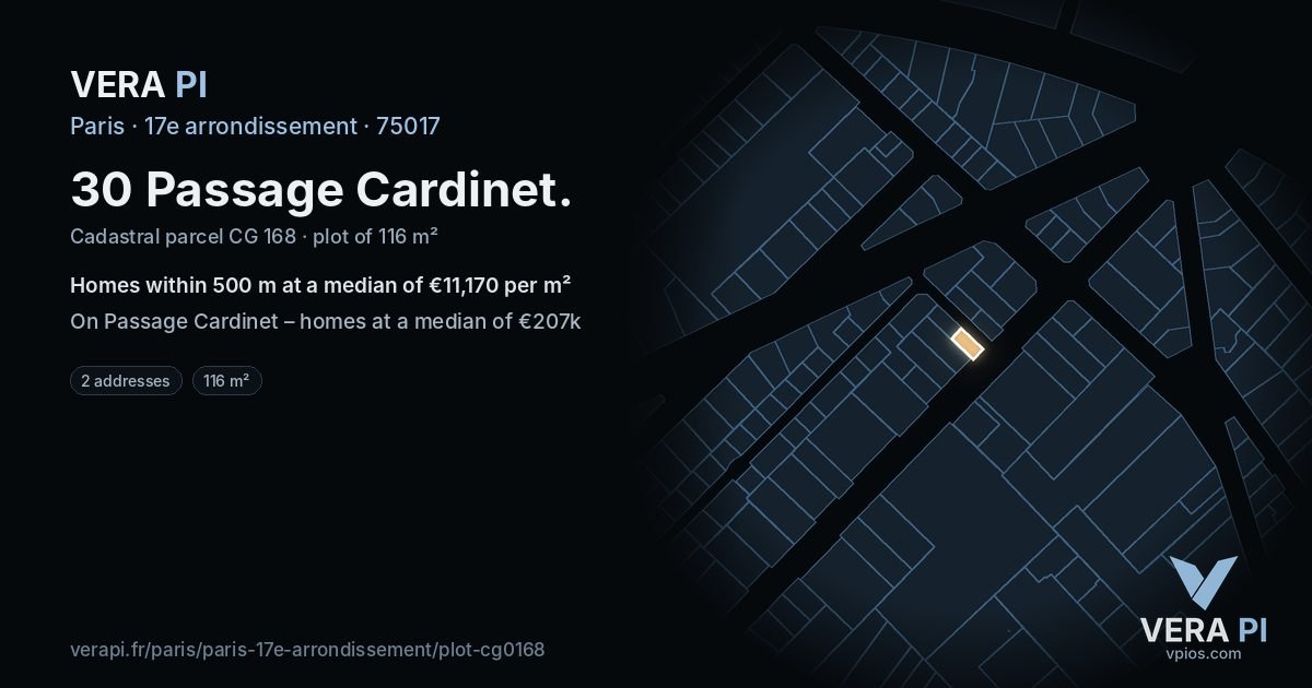 30 Passage Cardinet, 17e arrondissement at night – the plot lit, the parcels around coloured by the prices near them