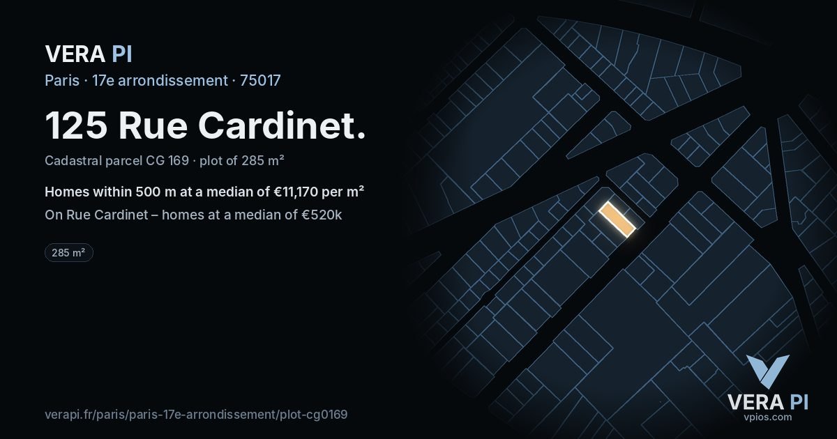125 Rue Cardinet, 17e arrondissement at night – the plot lit, the parcels around coloured by the prices near them