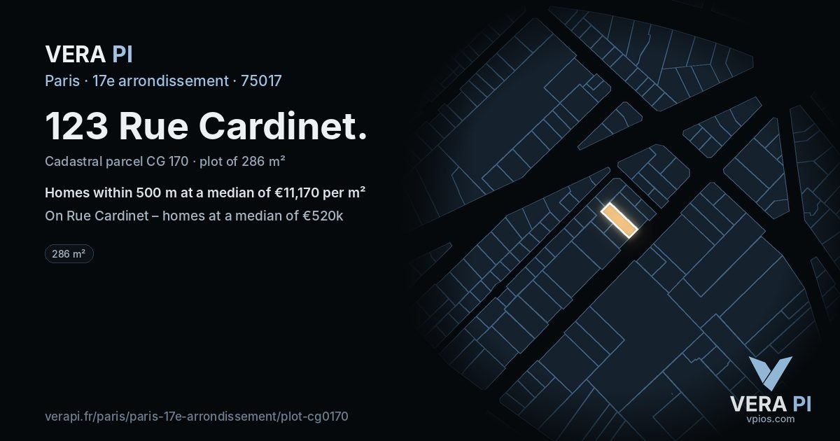 123 Rue Cardinet, 17e arrondissement at night – the plot lit, the parcels around coloured by the prices near them