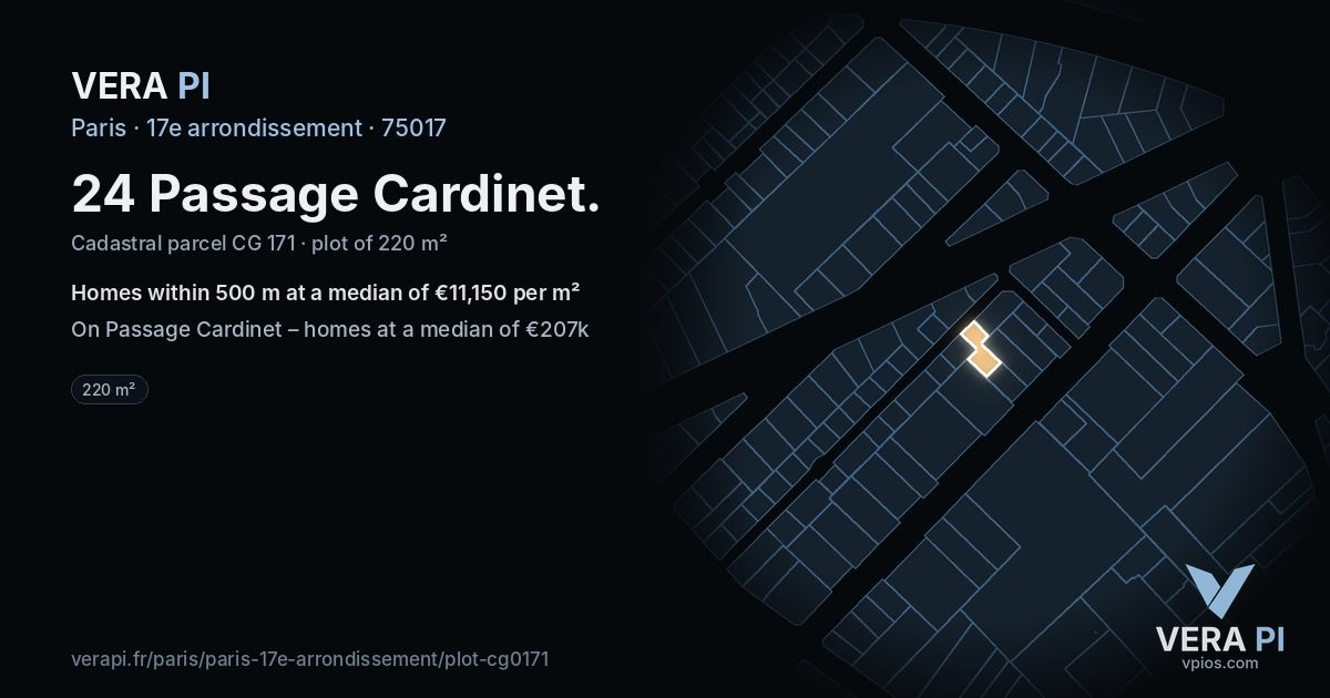 24 Passage Cardinet, 17e arrondissement at night – the plot lit, the parcels around coloured by the prices near them