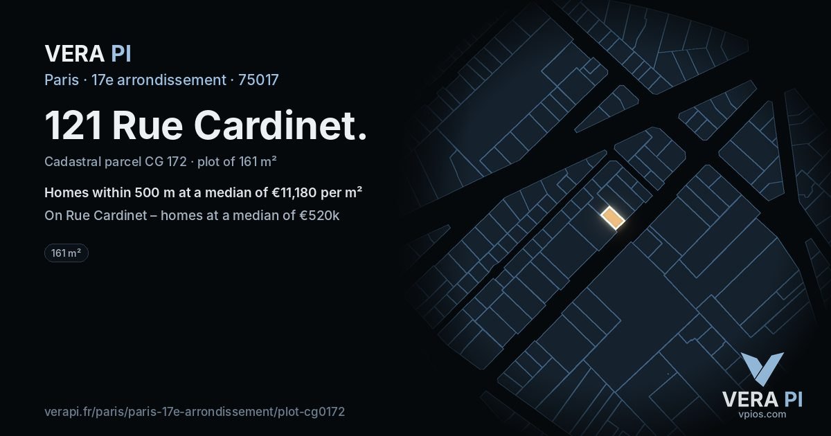 121 Rue Cardinet, 17e arrondissement at night – the plot lit, the parcels around coloured by the prices near them