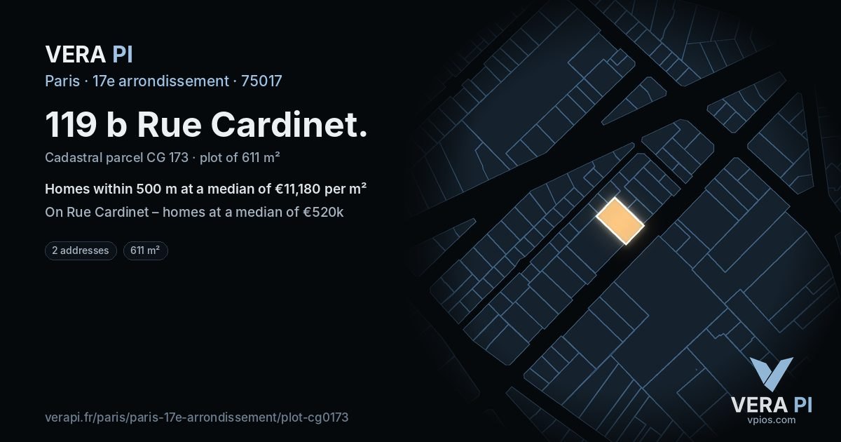 119 b Rue Cardinet, 17e arrondissement at night – the plot lit, the parcels around coloured by the prices near them