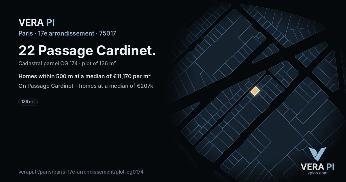22 Passage Cardinet, 17e arrondissement at night – the plot lit, the parcels around coloured by the prices near them
