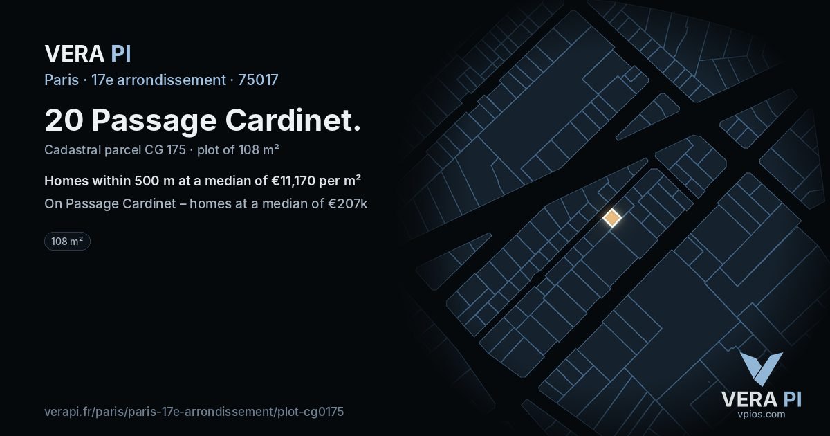 20 Passage Cardinet, 17e arrondissement at night – the plot lit, the parcels around coloured by the prices near them