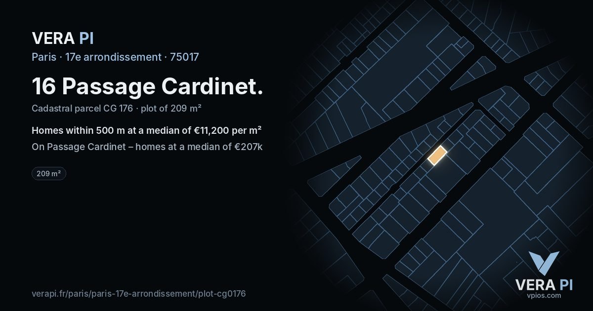 16 Passage Cardinet, 17e arrondissement at night – the plot lit, the parcels around coloured by the prices near them