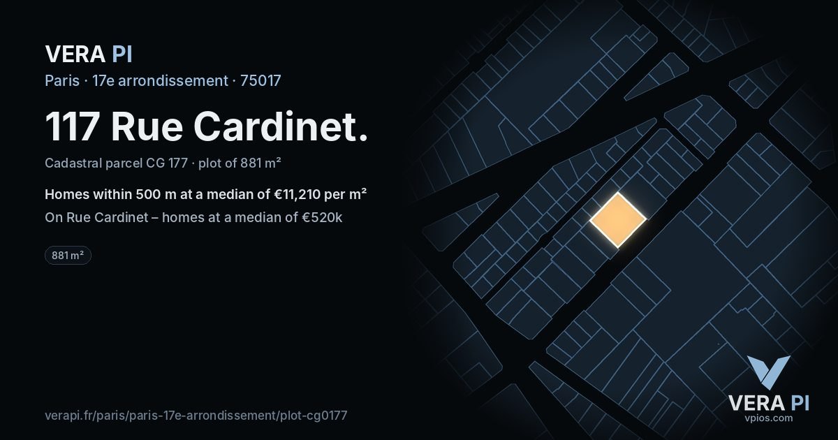 117 Rue Cardinet, 17e arrondissement at night – the plot lit, the parcels around coloured by the prices near them