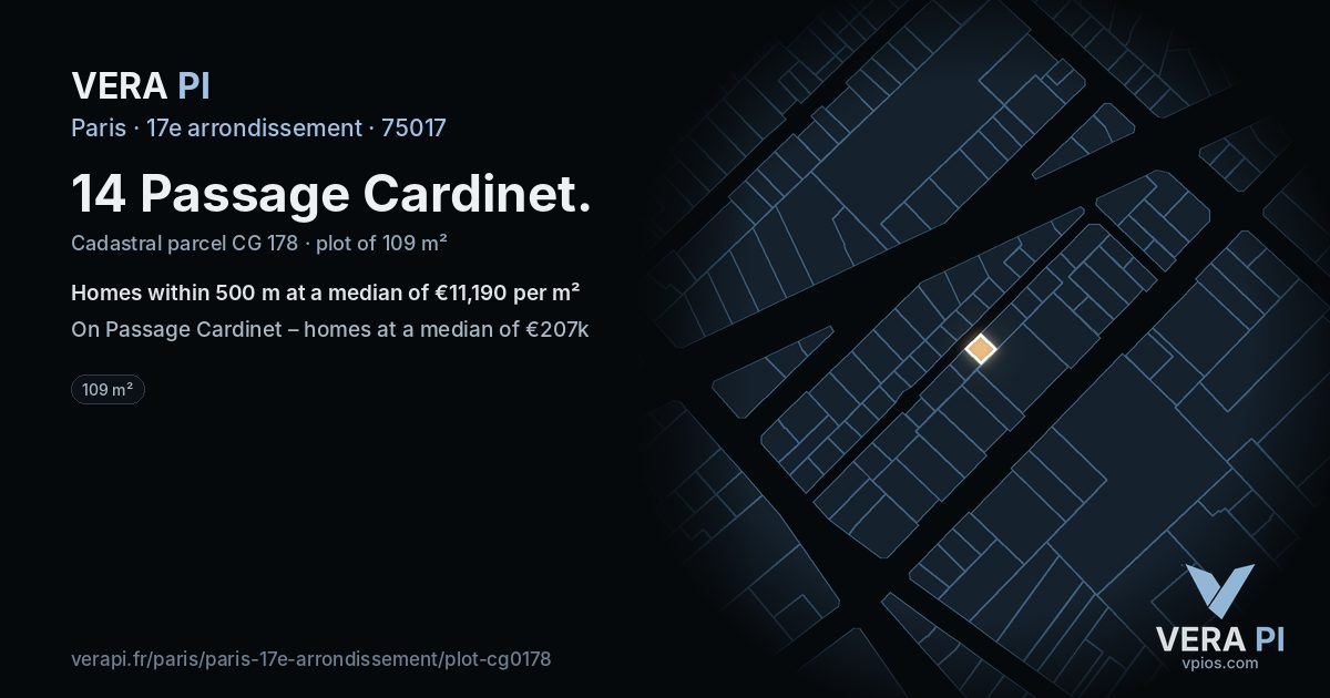 14 Passage Cardinet, 17e arrondissement at night – the plot lit, the parcels around coloured by the prices near them