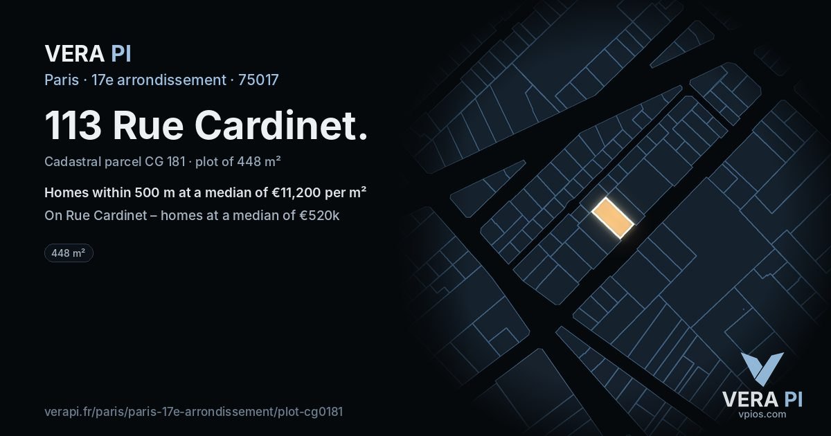 113 Rue Cardinet, 17e arrondissement at night – the plot lit, the parcels around coloured by the prices near them