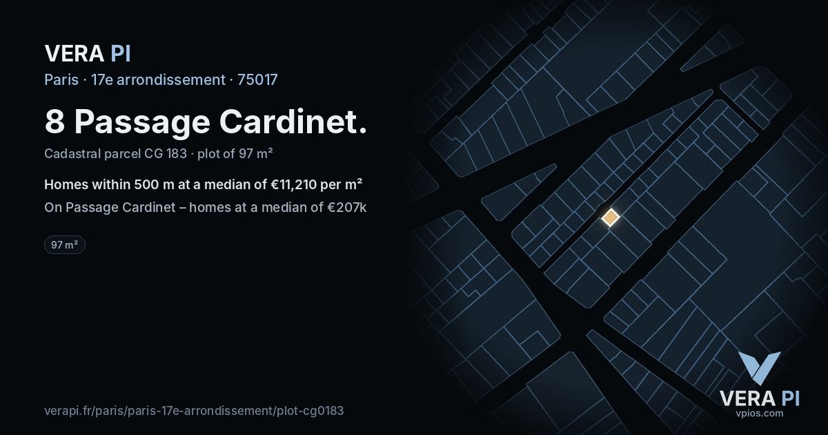 8 Passage Cardinet, 17e arrondissement at night – the plot lit, the parcels around coloured by the prices near them