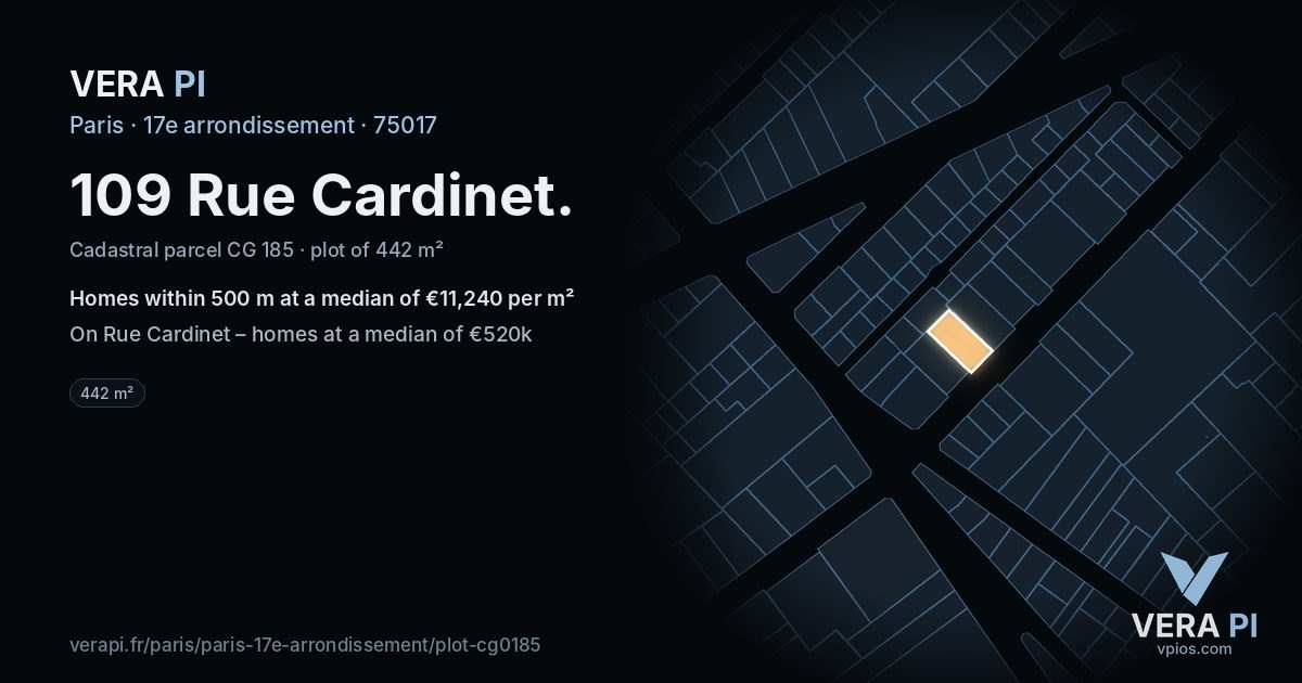 109 Rue Cardinet, 17e arrondissement at night – the plot lit, the parcels around coloured by the prices near them