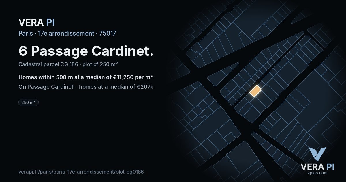 6 Passage Cardinet, 17e arrondissement at night – the plot lit, the parcels around coloured by the prices near them
