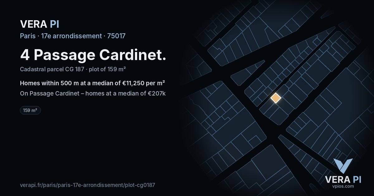 4 Passage Cardinet, 17e arrondissement at night – the plot lit, the parcels around coloured by the prices near them