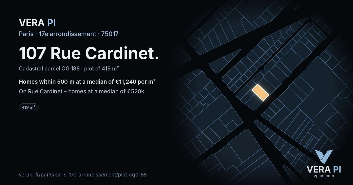 107 Rue Cardinet, 17e arrondissement at night – the plot lit, the parcels around coloured by the prices near them