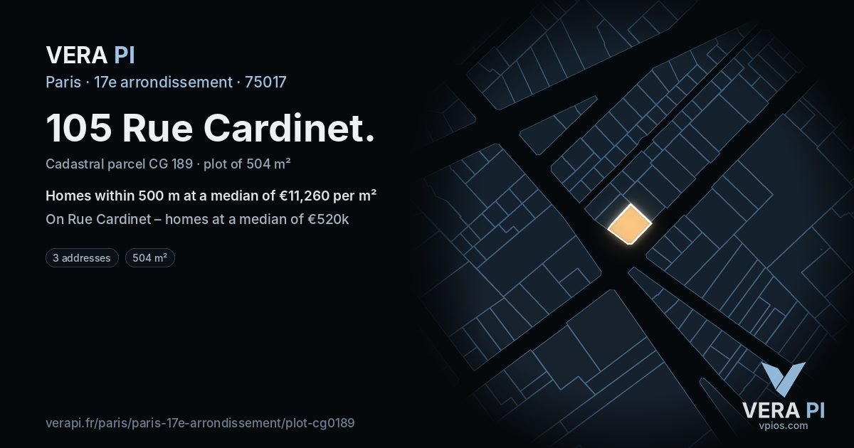 105 Rue Cardinet, 17e arrondissement at night – the plot lit, the parcels around coloured by the prices near them