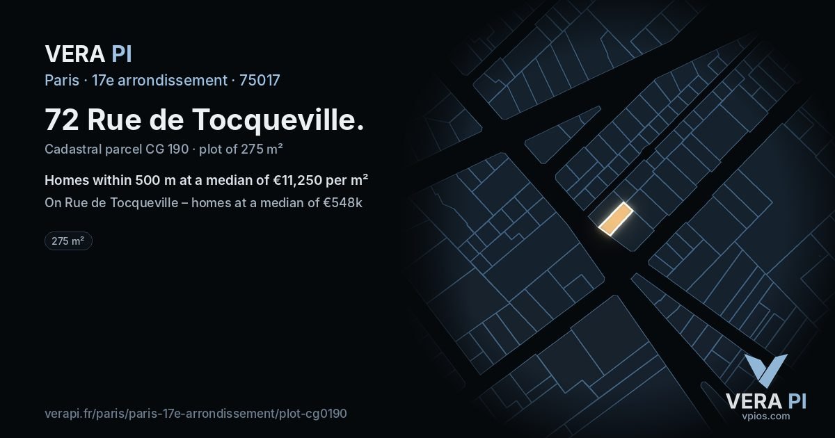 72 Rue de Tocqueville, 17e arrondissement at night – the plot lit, the parcels around coloured by the prices near them