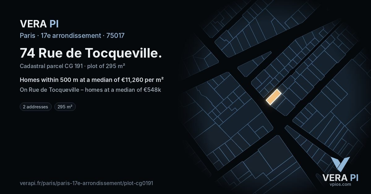 74 Rue de Tocqueville, 17e arrondissement at night – the plot lit, the parcels around coloured by the prices near them